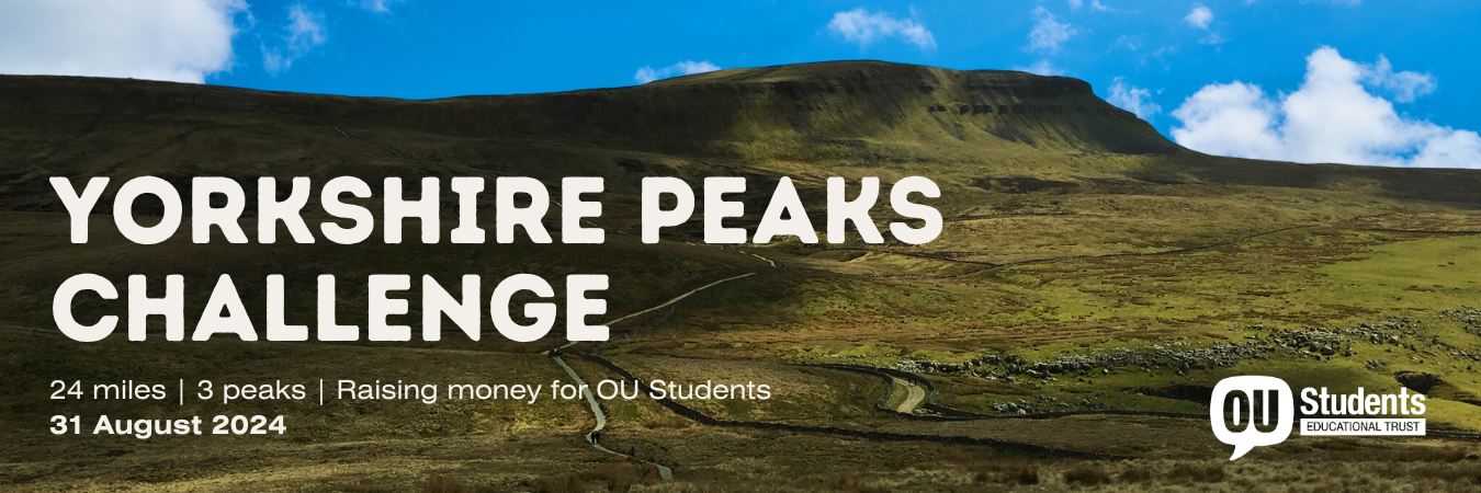 A banner that reads 'Yorkshire peaks challenge'. The background is an image of one of the hills that makes up the peaks, and bright blue skies and clouds behind it.